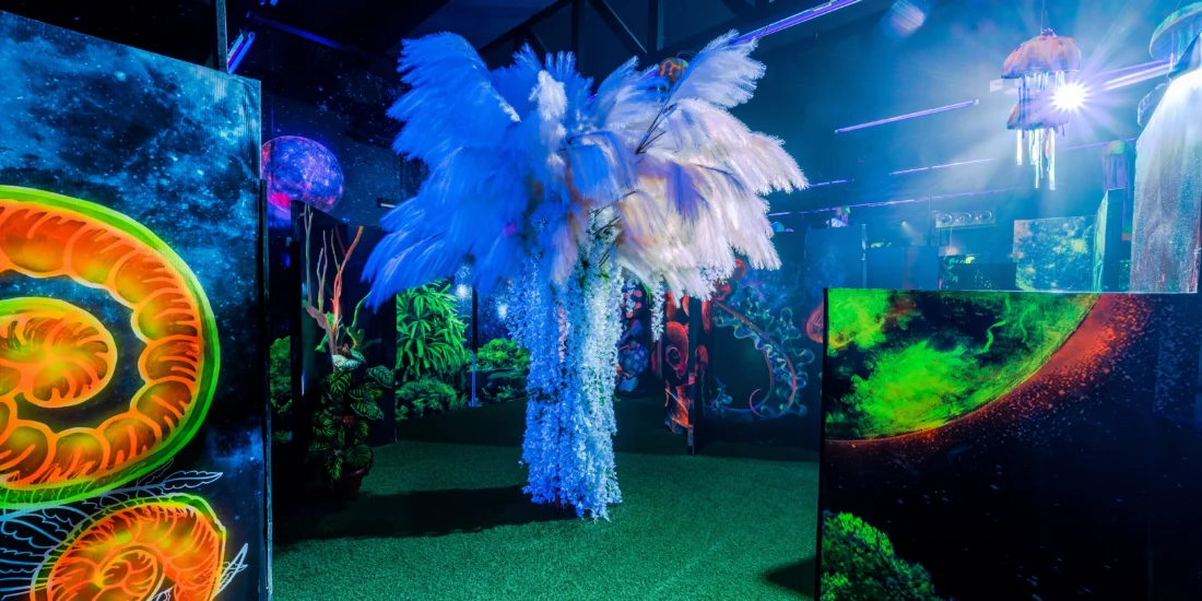 A large exhibit showcasing various plants and animals in a well-lit room, highlighting biodiversity and natural beauty