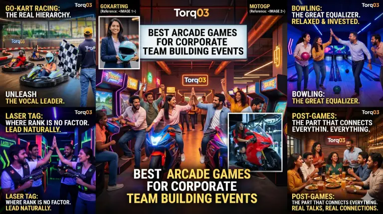 Corporate team enjoying arcade games, go-karting, bowling and team building activities at TORQ03 Bangalore