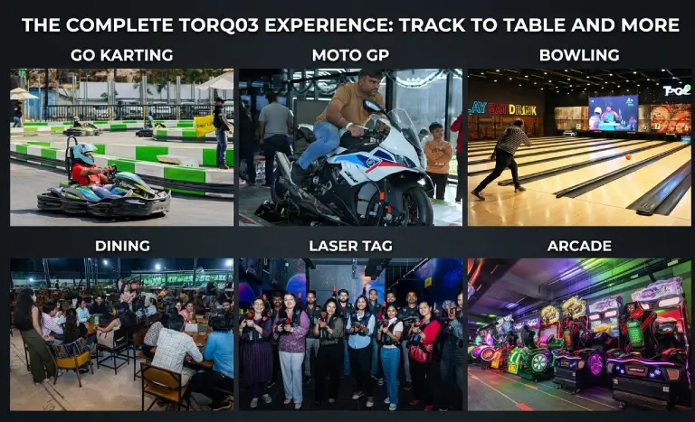 A composite image showcasing various activities at Torq03 Bangalore, including go-karting on an outdoor track, Moto GP simulators, UV-lit bowling, group dining, laser tag, and a vibrant arcade gaming zone.
