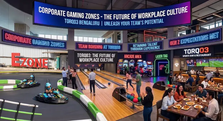 Corporate professionals team-building at Torq03 gaming zone in Bengaluru, featuring the E-Zone go-karting track, bowling lanes, and dining area to improve workplace culture.