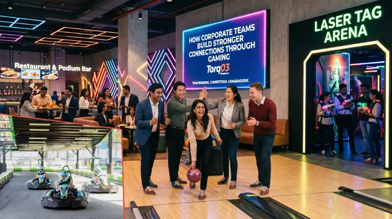 Corporate team building through gaming at TORQ03 in Bangalore with employees enjoying go-karting, bowling, laser tag, and arcade games