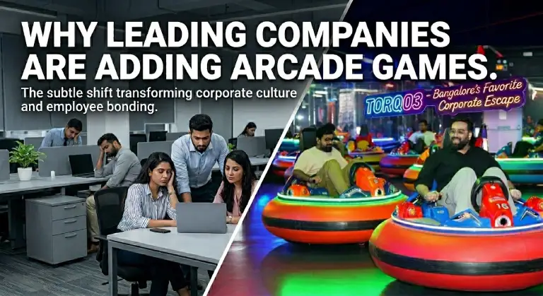 Employees enjoying bumper cars during a corporate team building event at Torq03 entertainment center in Bangalore.