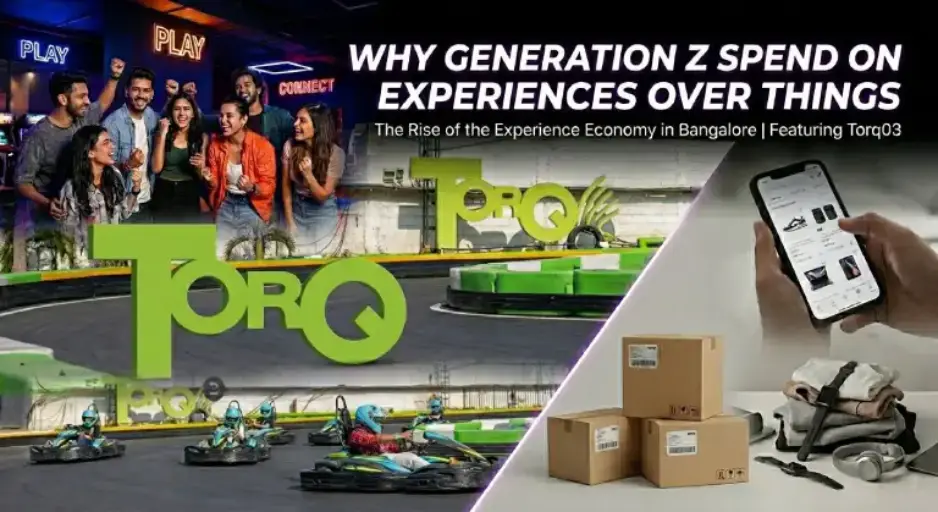 A group of young Gen Z friends enjoying a high-energy evening of go-karting and laser tag entertainment at Torq03 in Marathahalli, Bangalore.