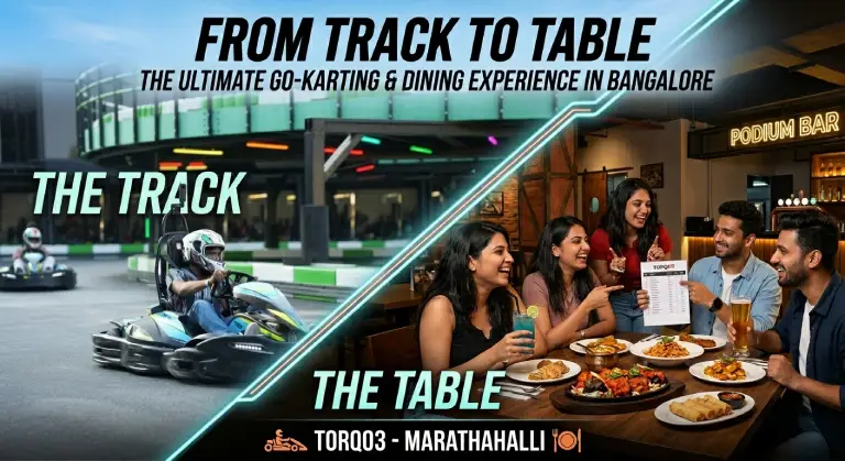 A split-view image showing a woman in a go-kart speeding on a multi-level outdoor track at Torq03, contrasting with a smiling group of four friends dining and holding performance score sheets at an outdoor table with food and drinks.