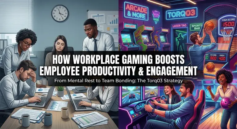 A split-screen graphic contrasting a stressed, burnt-out corporate team in a gray office setting with an energetic group of employees playing arcade racing simulators, basketball hoops, and bowling at a neon-lit Torq03 entertainment zone.