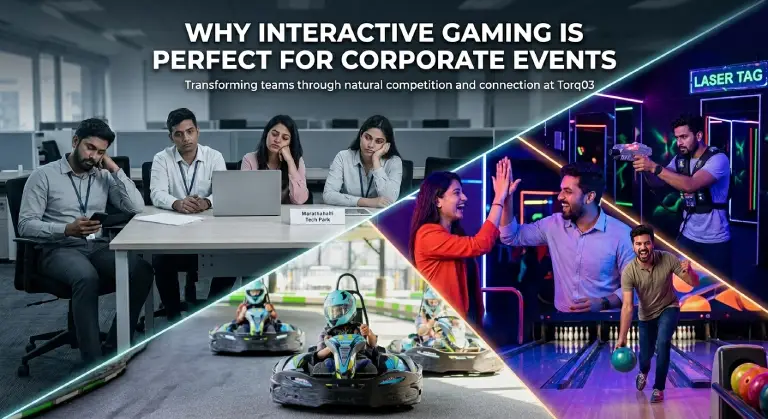 A split-view image showing a bored office team transitioning to fun interactive activities like go-karting, bowling, and laser tag at Torq03 in Marathahalli.