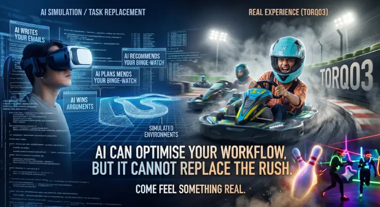 Side-by-side visual comparing AI virtual reality task simulation on the left with a real go-kart driver accelerating on the Torq03 track in Bangalore on the right, highlighting the irreplaceable adrenaline of real-world experiences.