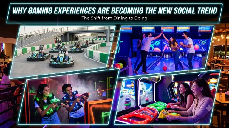 Friends enjoying go-karting, arcade games, bowling, and gaming experiences at TORQ03 in Bangalore