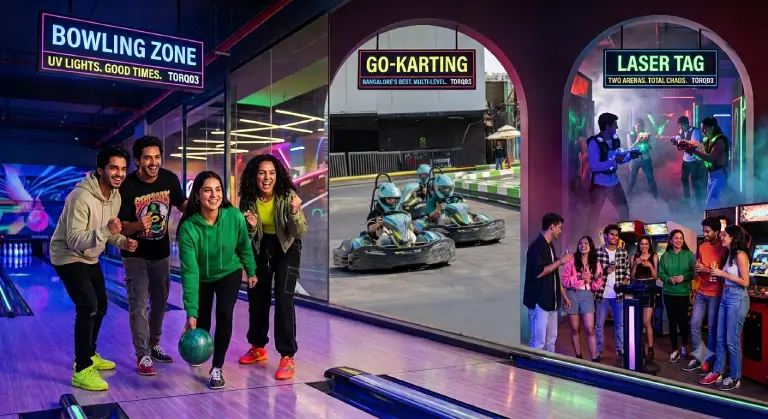 A vibrant multi-zone view of Torq03 in Bangalore, showcasing groups of friends enjoying UV-lit bowling, outdoor E-Zone go-karting, and an action-packed laser tag arena, representing the shift in modern weekend entertainment.