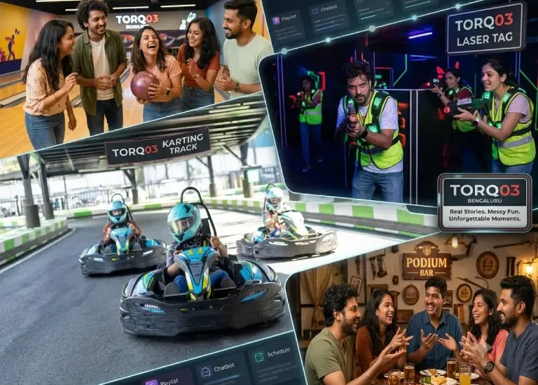 Friends enjoying real entertainment experiences with go-karting, bowling, laser tag, arcade games and dining at TORQ03 in Bangalore