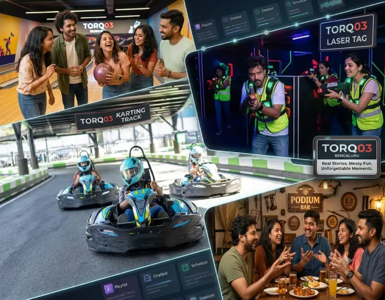 Friends enjoying real entertainment experiences with go-karting, bowling, laser tag, arcade games and dining at TORQ03 in Bangalore
