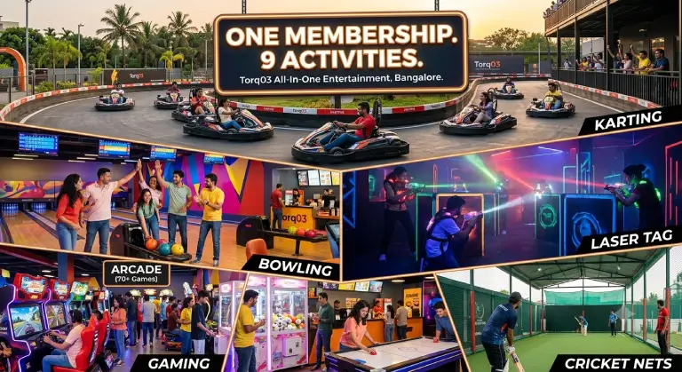 Composite graphic illustrating Torq03's all-in-one entertainment membership in Bangalore, featuring cyan go-karts on a multi-level track, bowling lanes, neon laser tag arena, cricket simulator, and arcade zone under one venue.