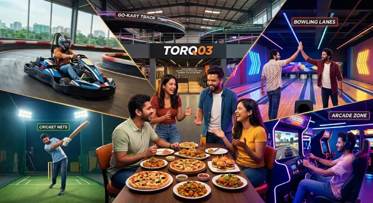 A detailed collage illustrating the range of activities at TORQ03 entertainment center in Bengaluru. The collage is composed of distinct panels showing: a driver in a blue go-kart on a track; people high-fiving in modern bowling lanes; a batsman practicing in a cricket net; a person in a racing simulator in a neon-lit arcade zone; and a group of friends sharing a meal at a central table with the text 'Stop picking one activity, find the place that already has all of them'.