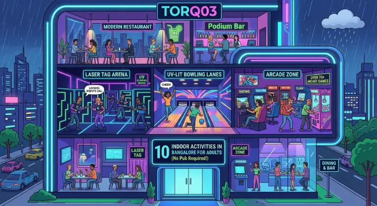 Detailed cutaway illustration of Torq03 Marathahalli showing adults enjoying non-pub indoor activities across multiple levels, including laser tag, UV bowling lanes, an arcade zone, and a restaurant during a rainy Bangalore evening.